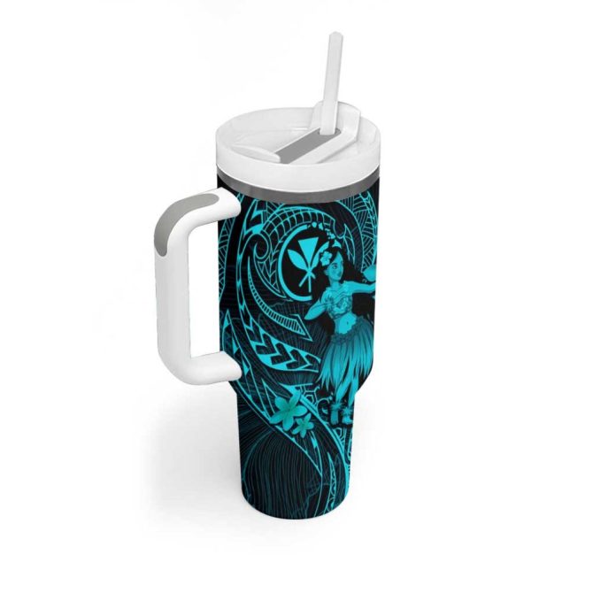 Hawaii Hula Girl Mix Polynesian Plumeria Turquoise Custom Stanley Quencher 40Oz Stainless Steel Tumbler With Handle - Image 2