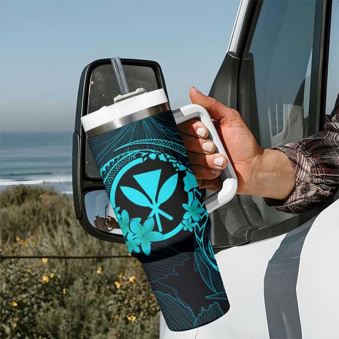 Hawaii Hula Girl Mix Polynesian Plumeria Turquoise Custom Stanley Quencher 40Oz Stainless Steel Tumbler With Handle - Image 7