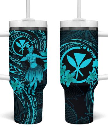 Hawaii Hula Girl Mix Polynesian Plumeria Turquoise Custom Stanley Quencher 40Oz Stainless Steel Tumbler With Handle