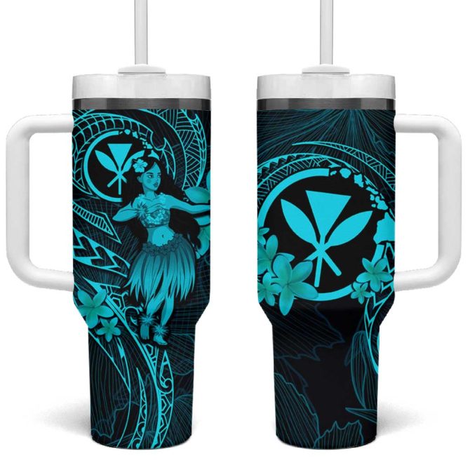 Hawaii Hula Girl Mix Polynesian Plumeria Turquoise Custom Stanley Quencher 40Oz Stainless Steel Tumbler With Handle