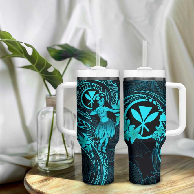 Hawaii Hula Girl Mix Polynesian Plumeria Turquoise Custom Stanley Quencher 40Oz Stainless Steel Tumbler With Handle - Image 9