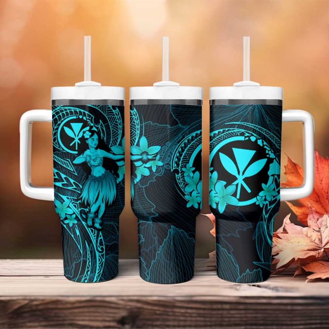 Hawaii Hula Girl Mix Polynesian Plumeria Turquoise Custom Stanley Quencher 40Oz Stainless Steel Tumbler With Handle - Image 4
