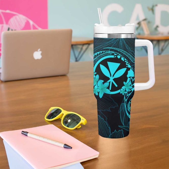 Hawaii Hula Girl Mix Polynesian Plumeria Turquoise Custom Stanley Quencher 40Oz Stainless Steel Tumbler With Handle - Image 5