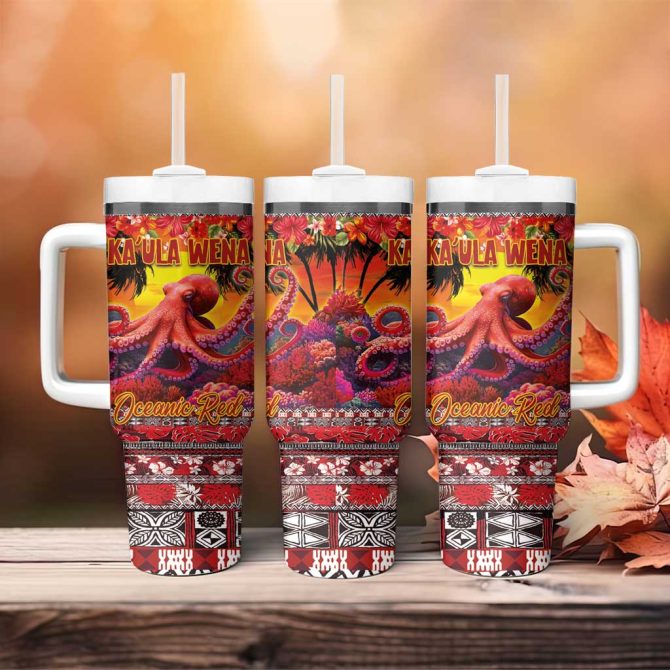 Hawaii Kaula Wena Octopus Oceanic Red Custom Stanley Quencher 40Oz Stainless Steel Tumbler With Handle - Image 4