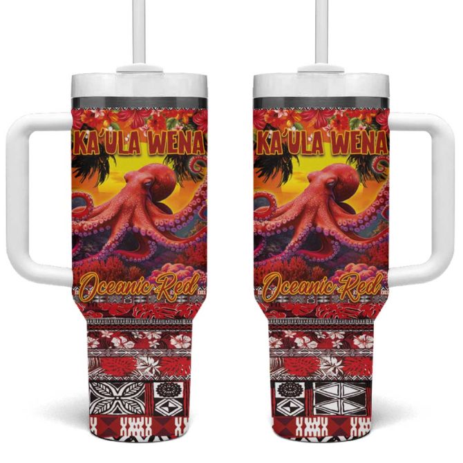 Hawaii Kaula Wena Octopus Oceanic Red Custom Stanley Quencher 40Oz Stainless Steel Tumbler With Handle