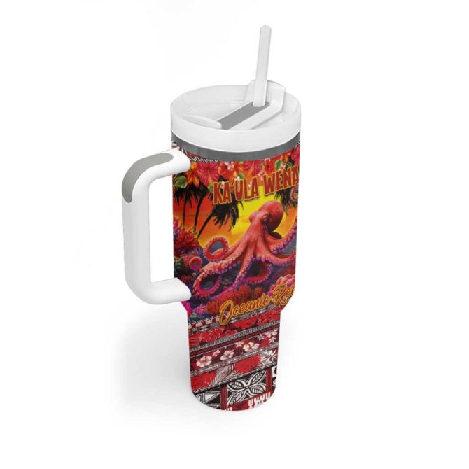 Hawaii Kaula Wena Octopus Oceanic Red Custom Stanley Quencher 40Oz Stainless Steel Tumbler With Handle - Image 2