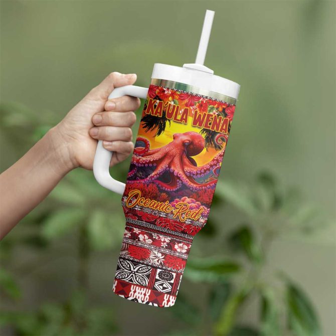 Hawaii Kaula Wena Octopus Oceanic Red Custom Stanley Quencher 40Oz Stainless Steel Tumbler With Handle - Image 3
