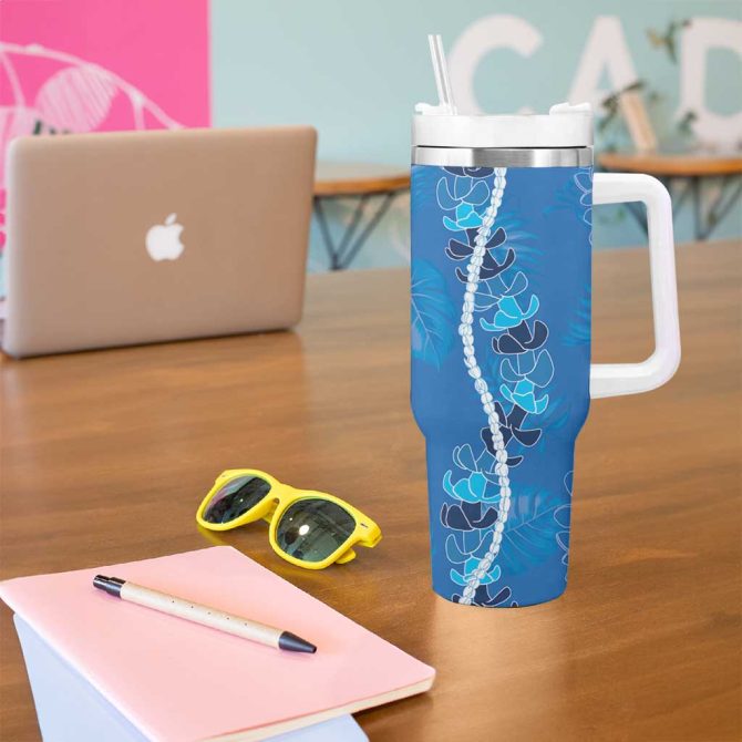 Hawaii Maile Lei With Blue Monstera Custom Stanley Quencher 40Oz Stainless Steel Tumbler With Handle - Image 5