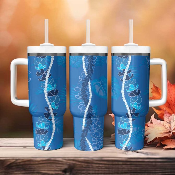 Hawaii Maile Lei With Blue Monstera Custom Stanley Quencher 40Oz Stainless Steel Tumbler With Handle - Image 4