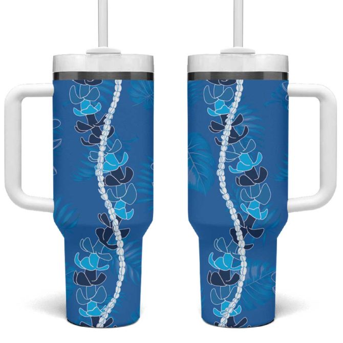 Hawaii Maile Lei With Blue Monstera Custom Stanley Quencher 40Oz Stainless Steel Tumbler With Handle