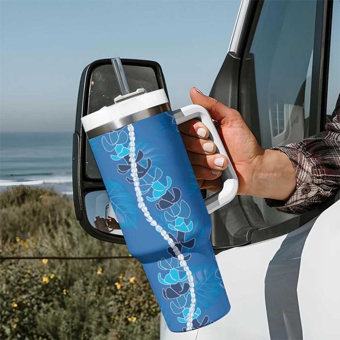 Hawaii Maile Lei With Blue Monstera Custom Stanley Quencher 40Oz Stainless Steel Tumbler With Handle - Image 7