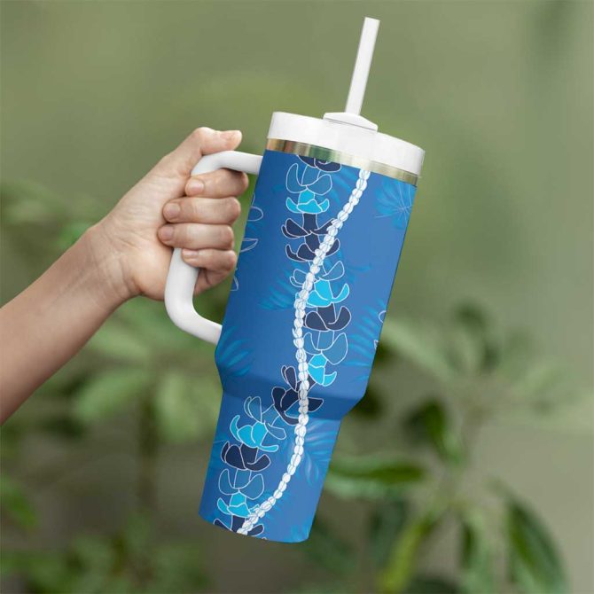 Hawaii Maile Lei With Blue Monstera Custom Stanley Quencher 40Oz Stainless Steel Tumbler With Handle - Image 3