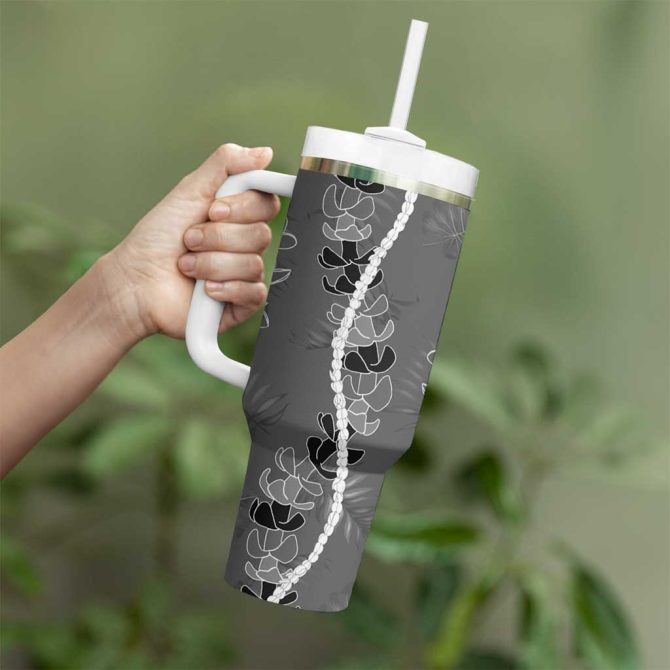 Hawaii Maile Lei With Gray Monstera Custom Stanley Quencher 40Oz Stainless Steel Tumbler With Handle - Image 3