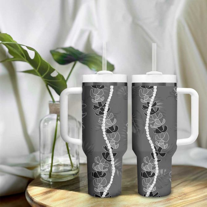 Hawaii Maile Lei With Gray Monstera Custom Stanley Quencher 40Oz Stainless Steel Tumbler With Handle - Image 9