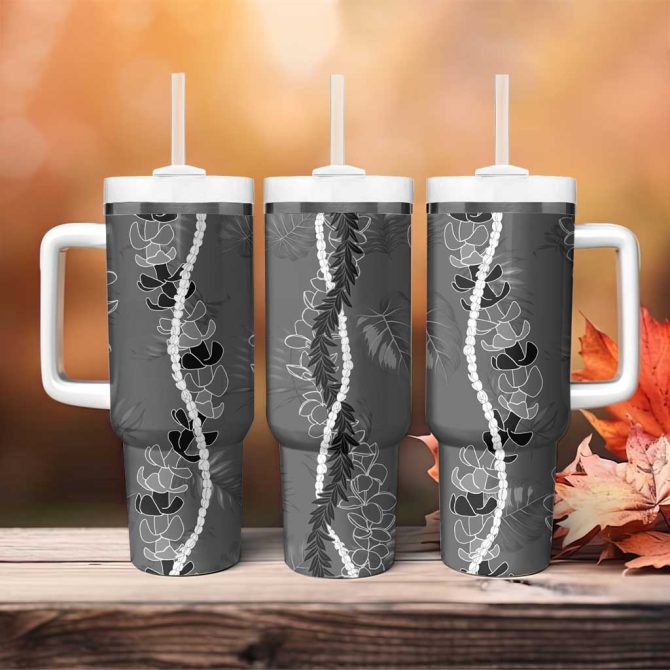 Hawaii Maile Lei With Gray Monstera Custom Stanley Quencher 40Oz Stainless Steel Tumbler With Handle - Image 4