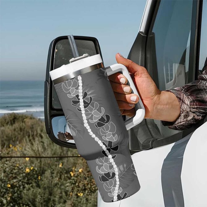 Hawaii Maile Lei With Gray Monstera Custom Stanley Quencher 40Oz Stainless Steel Tumbler With Handle - Image 7