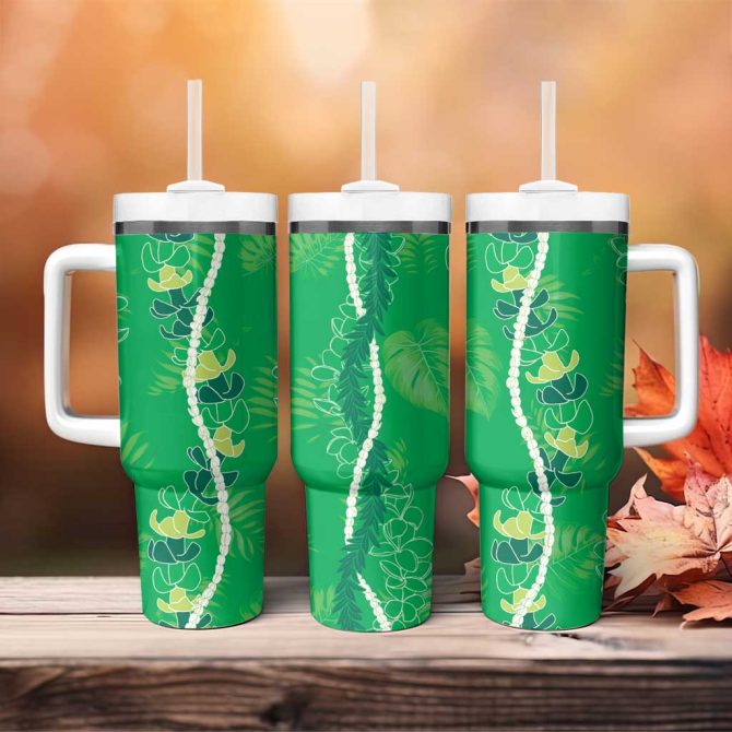 Hawaii Maile Lei With Green Monstera Custom Stanley Quencher 40Oz Stainless Steel Tumbler With Handle - Image 4