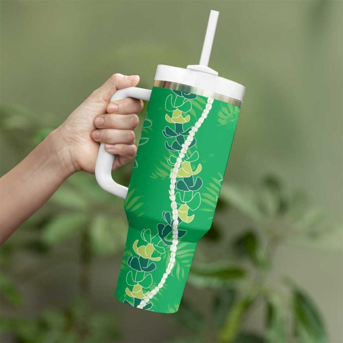 Hawaii Maile Lei With Green Monstera Custom Stanley Quencher 40Oz Stainless Steel Tumbler With Handle - Image 3