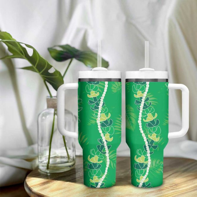 Hawaii Maile Lei With Green Monstera Custom Stanley Quencher 40Oz Stainless Steel Tumbler With Handle - Image 9