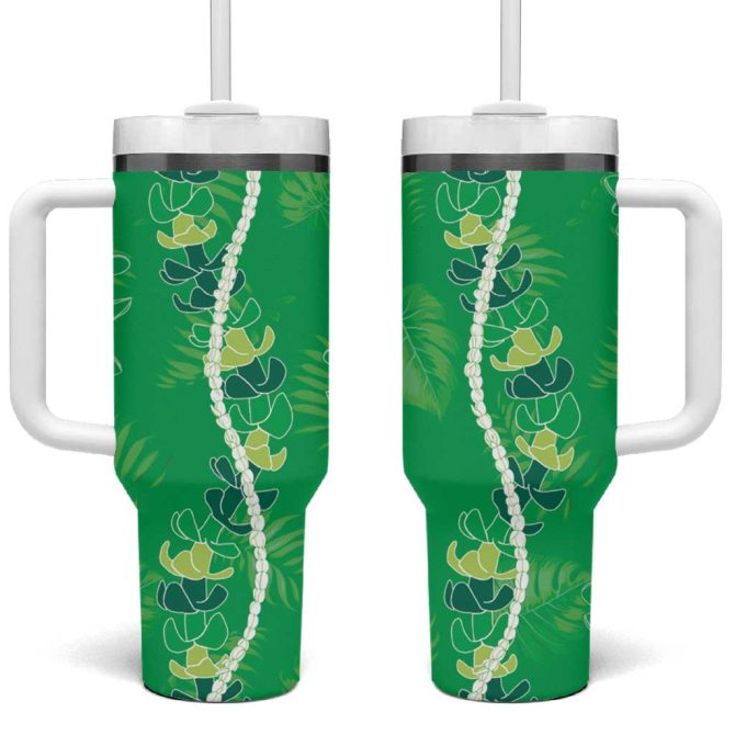 Hawaii Maile Lei With Green Monstera Custom Stanley Quencher 40Oz Stainless Steel Tumbler With Handle