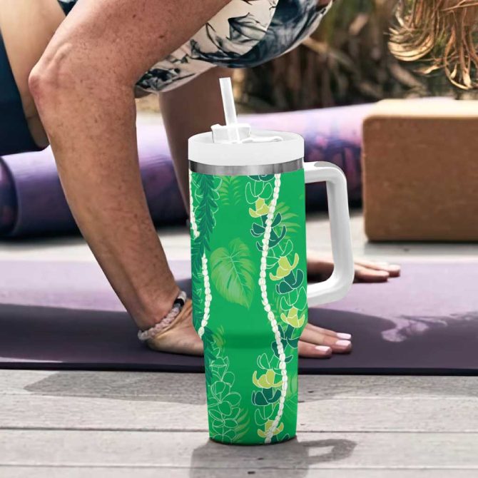 Hawaii Maile Lei With Green Monstera Custom Stanley Quencher 40Oz Stainless Steel Tumbler With Handle - Image 6