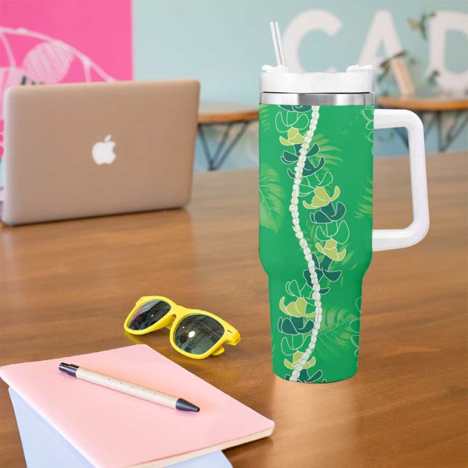 Hawaii Maile Lei With Green Monstera Custom Stanley Quencher 40Oz Stainless Steel Tumbler With Handle - Image 5