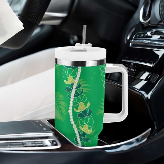 Hawaii Maile Lei With Green Monstera Custom Stanley Quencher 40Oz Stainless Steel Tumbler With Handle - Image 8