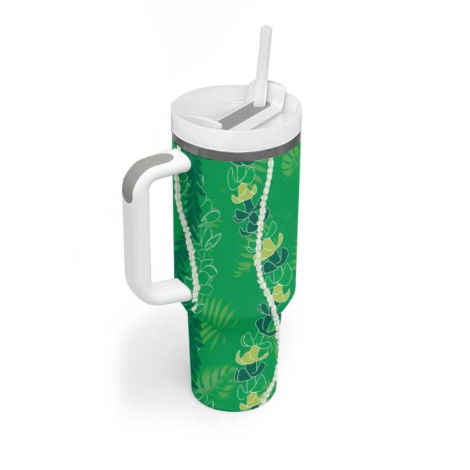 Hawaii Maile Lei With Green Monstera Custom Stanley Quencher 40Oz Stainless Steel Tumbler With Handle - Image 2
