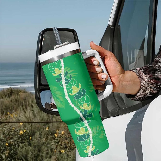 Hawaii Maile Lei With Green Monstera Custom Stanley Quencher 40Oz Stainless Steel Tumbler With Handle - Image 7