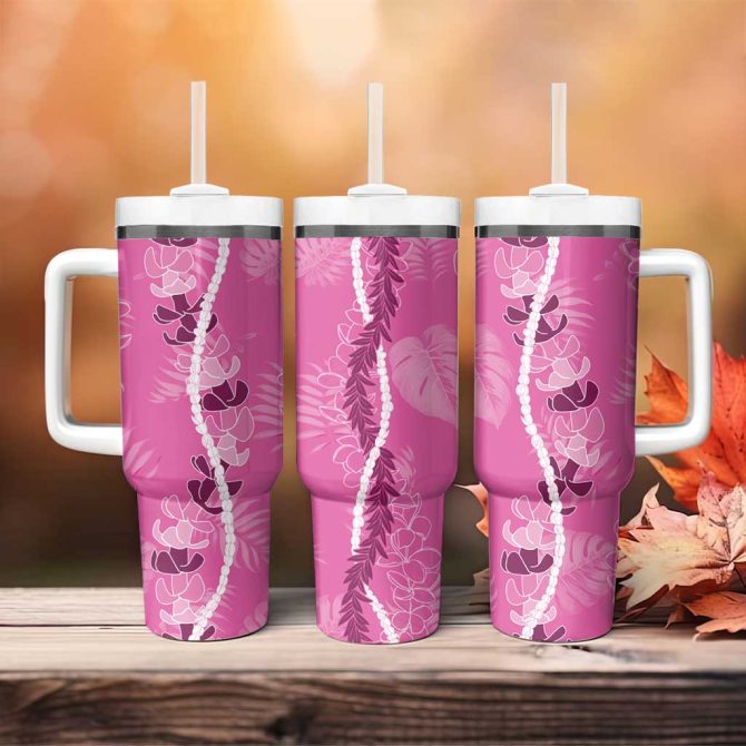 Hawaii Maile Lei With Pink Monstera Custom Stanley Quencher 40Oz Stainless Steel Tumbler With Handle - Image 4