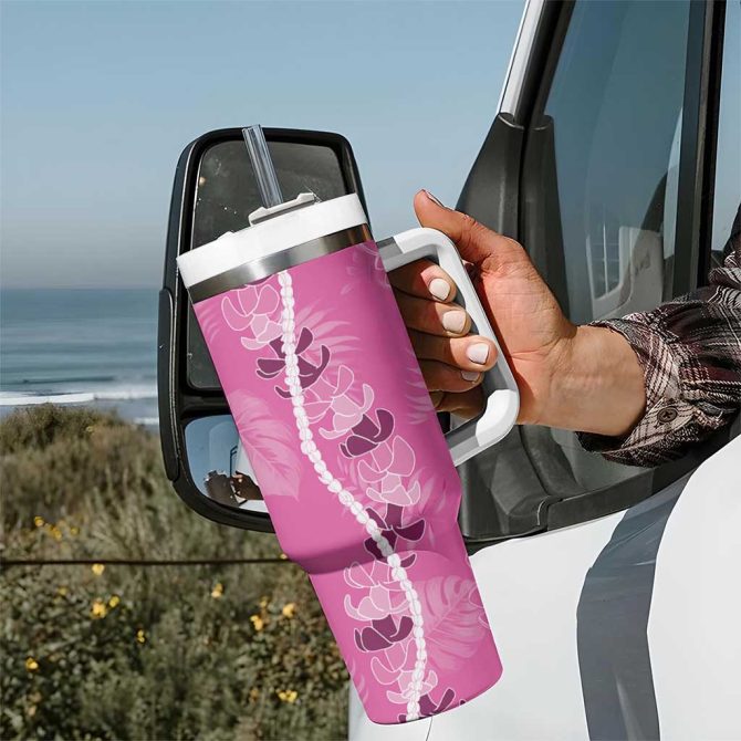 Hawaii Maile Lei With Pink Monstera Custom Stanley Quencher 40Oz Stainless Steel Tumbler With Handle - Image 7