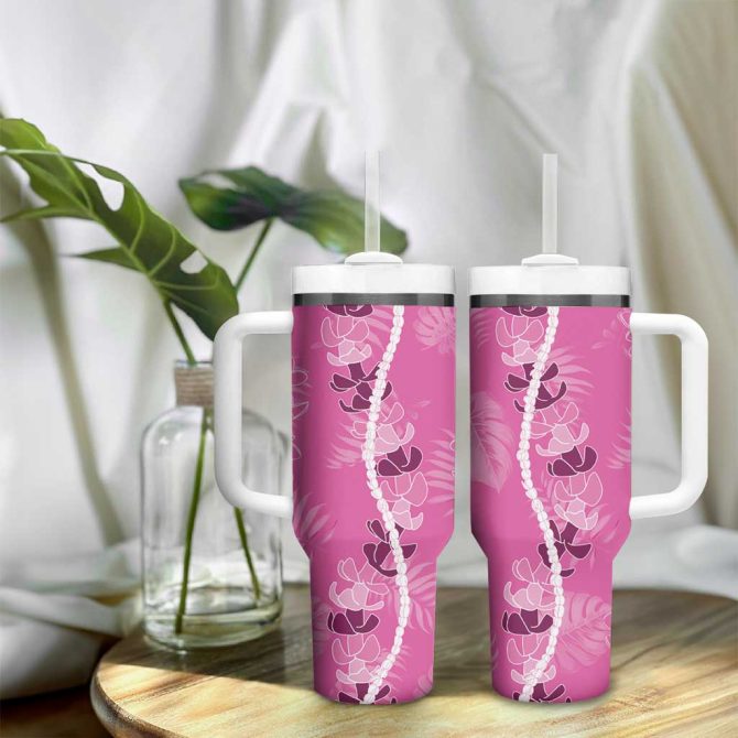 Hawaii Maile Lei With Pink Monstera Custom Stanley Quencher 40Oz Stainless Steel Tumbler With Handle - Image 9