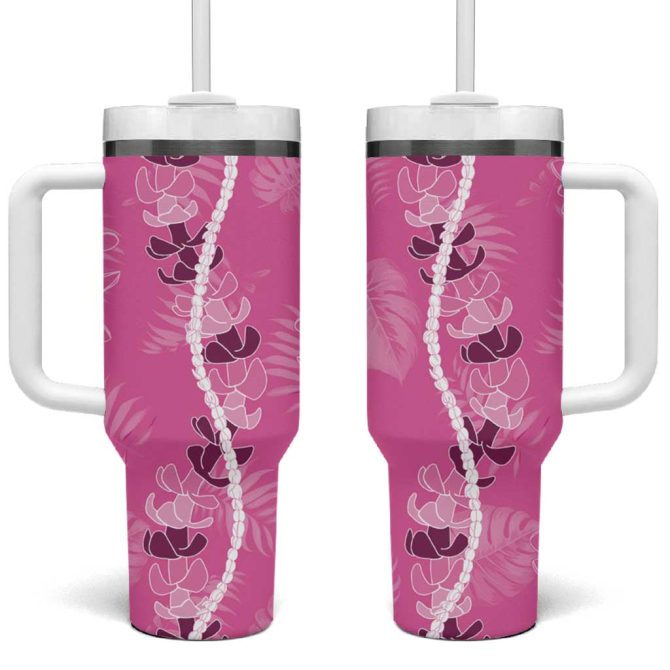 Hawaii Maile Lei With Pink Monstera Custom Stanley Quencher 40Oz Stainless Steel Tumbler With Handle