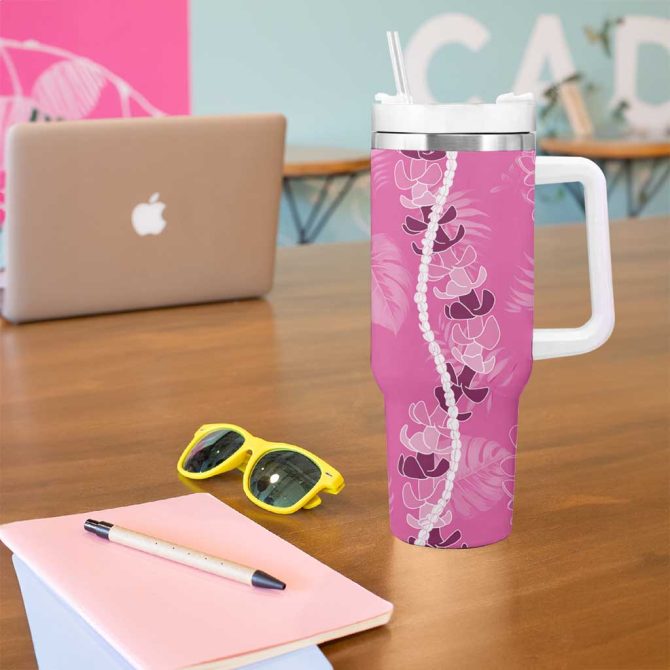 Hawaii Maile Lei With Pink Monstera Custom Stanley Quencher 40Oz Stainless Steel Tumbler With Handle - Image 5