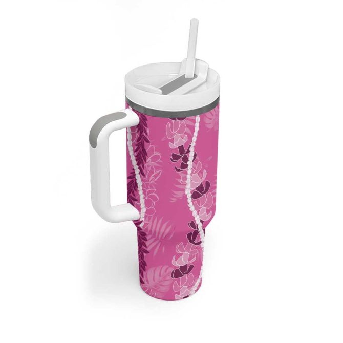 Hawaii Maile Lei With Pink Monstera Custom Stanley Quencher 40Oz Stainless Steel Tumbler With Handle - Image 2