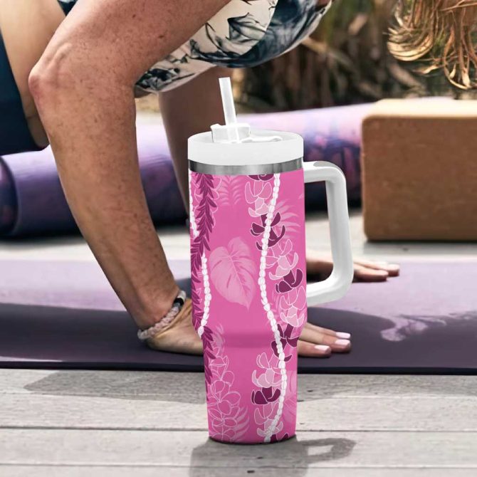 Hawaii Maile Lei With Pink Monstera Custom Stanley Quencher 40Oz Stainless Steel Tumbler With Handle - Image 6
