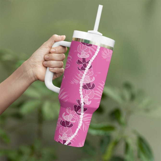 Hawaii Maile Lei With Pink Monstera Custom Stanley Quencher 40Oz Stainless Steel Tumbler With Handle - Image 3