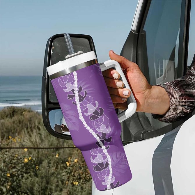 Hawaii Maile Lei With Violet Monstera Custom Stanley Quencher 40Oz Stainless Steel Tumbler With Handle - Image 7