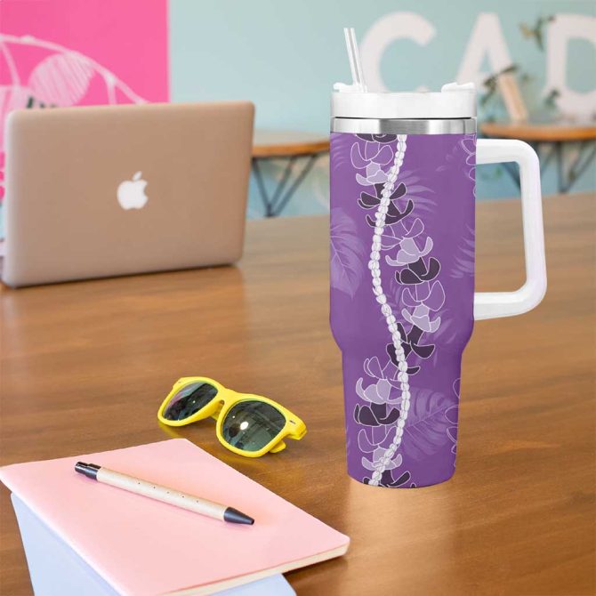 Hawaii Maile Lei With Violet Monstera Custom Stanley Quencher 40Oz Stainless Steel Tumbler With Handle - Image 5