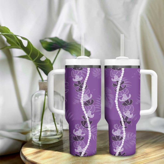 Hawaii Maile Lei With Violet Monstera Custom Stanley Quencher 40Oz Stainless Steel Tumbler With Handle - Image 9