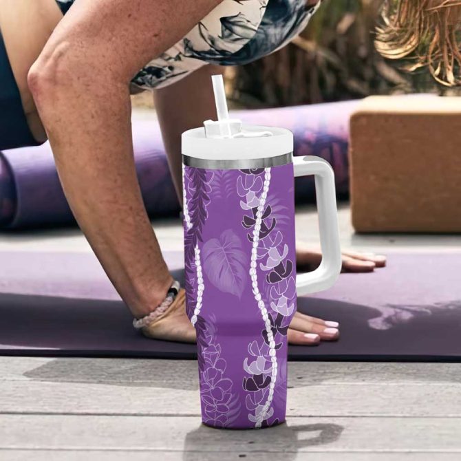 Hawaii Maile Lei With Violet Monstera Custom Stanley Quencher 40Oz Stainless Steel Tumbler With Handle - Image 6