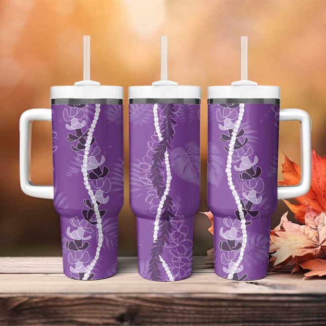 Hawaii Maile Lei With Violet Monstera Custom Stanley Quencher 40Oz Stainless Steel Tumbler With Handle - Image 4