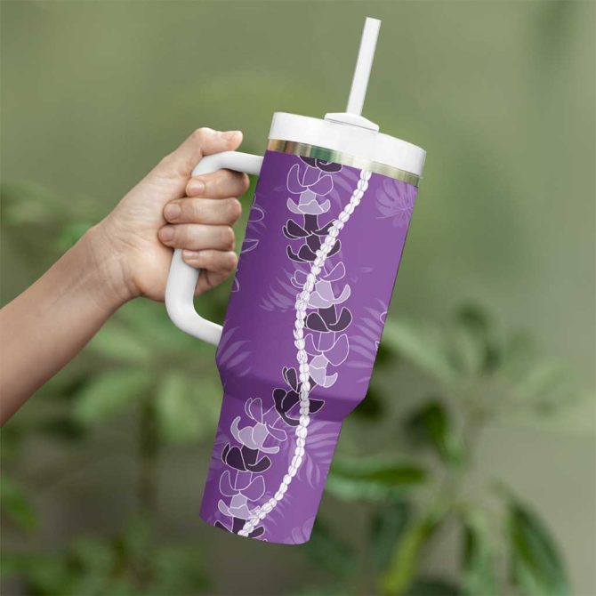 Hawaii Maile Lei With Violet Monstera Custom Stanley Quencher 40Oz Stainless Steel Tumbler With Handle - Image 3