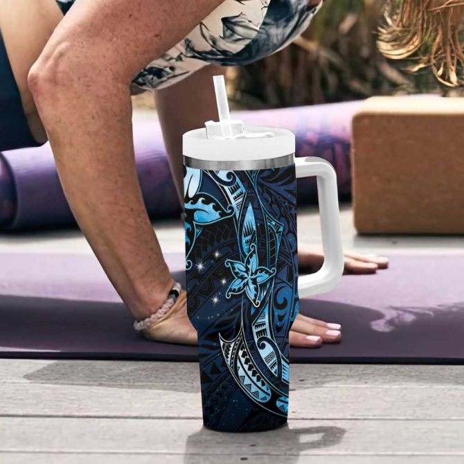 Hawaii Makahiki Season Floral Tribal Tattoo Blue Galaxy Custom Stanley Quencher 40Oz Stainless Steel Tumbler With Handle - Image 6