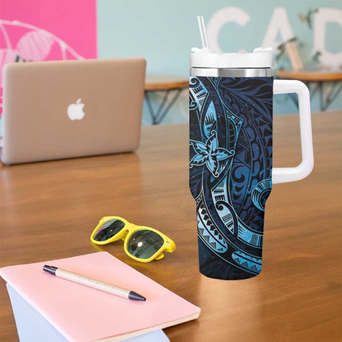 Hawaii Makahiki Season Floral Tribal Tattoo Blue Galaxy Custom Stanley Quencher 40Oz Stainless Steel Tumbler With Handle - Image 5