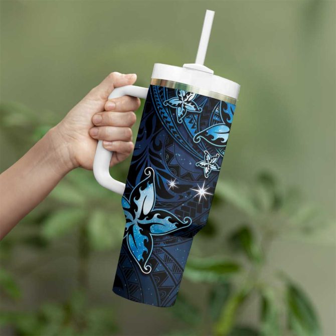 Hawaii Makahiki Season Floral Tribal Tattoo Blue Galaxy Custom Stanley Quencher 40Oz Stainless Steel Tumbler With Handle - Image 3