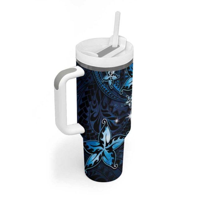 Hawaii Makahiki Season Floral Tribal Tattoo Blue Galaxy Custom Stanley Quencher 40Oz Stainless Steel Tumbler With Handle - Image 2