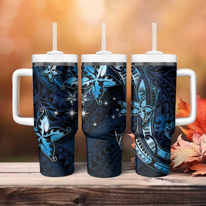 Hawaii Makahiki Season Floral Tribal Tattoo Blue Galaxy Custom Stanley Quencher 40Oz Stainless Steel Tumbler With Handle - Image 4