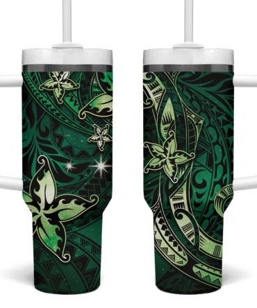 Hawaii Makahiki Season Floral Tribal Tattoo Green Galaxy Custom Stanley Quencher 40Oz Stainless Steel Tumbler With Handle