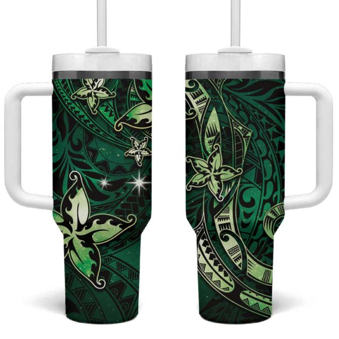 Hawaii Makahiki Season Floral Tribal Tattoo Green Galaxy Custom Stanley Quencher 40Oz Stainless Steel Tumbler With Handle